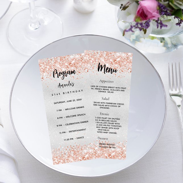 Birthday Progam Menu silver ro guld konetti Reklamkort (Skapare uppladdad)