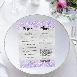 Birthday Progam Menu silver violet konetti Reklamkort
