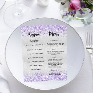 Birthday Progam Menu silver violet konetti Reklamkort
