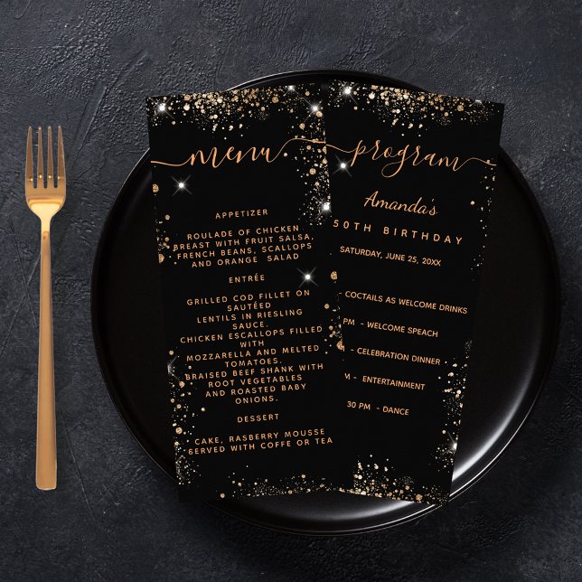 Birthday Progam Menu svart guld glitter Reklamkort (Skapare uppladdad)