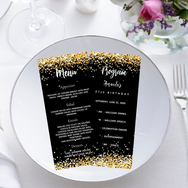 Birthday Progam Menu svart guld glitter Reklamkort (Skapare uppladdad)