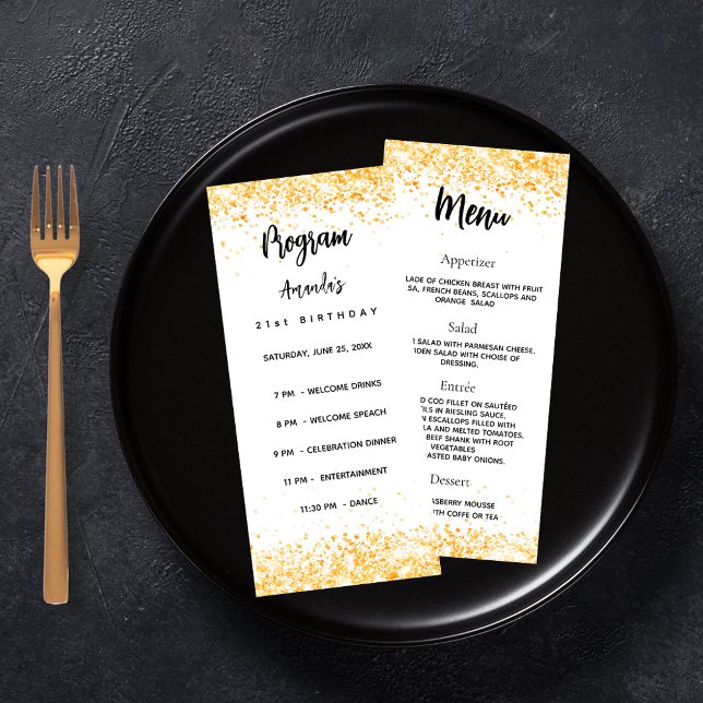 Birthday Progam Menu white guld konetti Reklamkort (Skapare uppladdad)