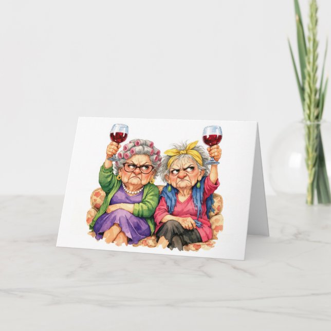 Birthday Quirky Old Ladies with Red Wine Kort (Framsida)