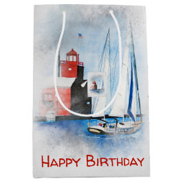 Birthday Red Michigan Lighthouse med segelbåt