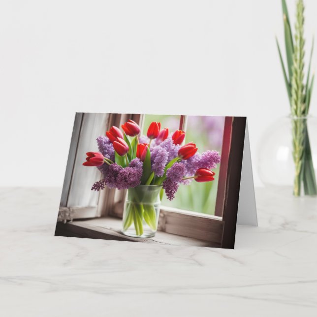 Birthday Red Tulip och Lilac Bouquet Kort (Framsida)