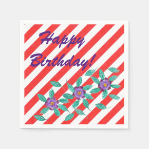 Birthday Red White Rand Lila blommor Napkins Pappersservett