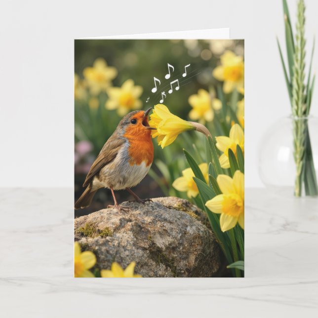 Birthday Robin Singing into a Spring Daffodil Kort (Framsida)