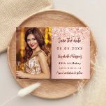 Birthday rose gold blush photo save the date meddelande vykort<br><div class="desc">Add a vertical size photo. An elegant rose gold,  blush gradient background color,  decorated with faux glitter,  sparkles. Personalize and add a name and the details.</div>