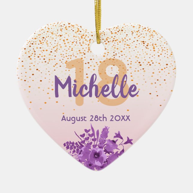 Birthday rose gold purple florals name julgransprydnad keramik (Framsidan)