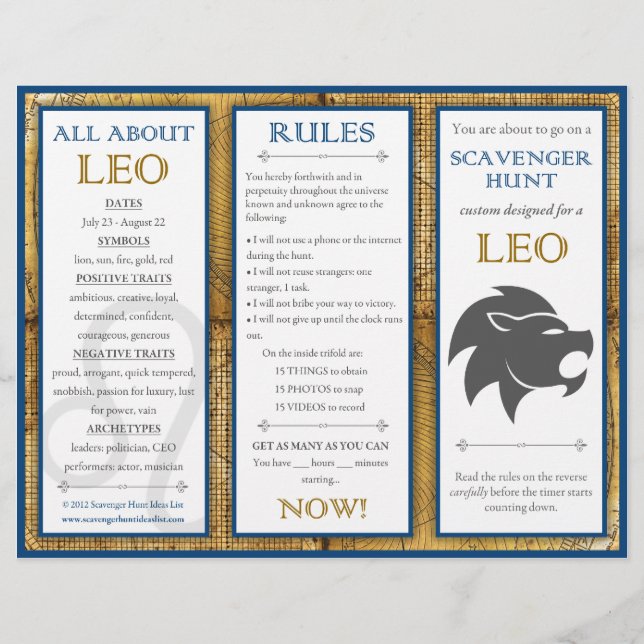 Birthday Scavenger Hunt List: Zodiac Leo Reklamblad (Framsidan)