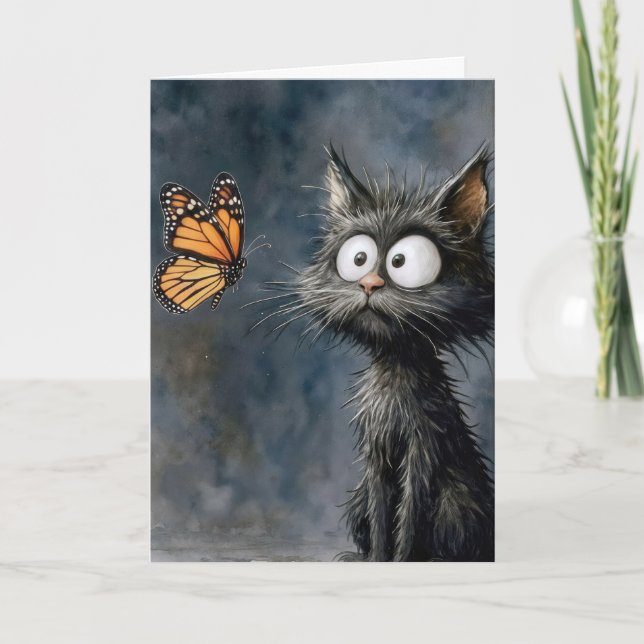Birthday Scruffy Cat with Butterfly Kort (Framsida)