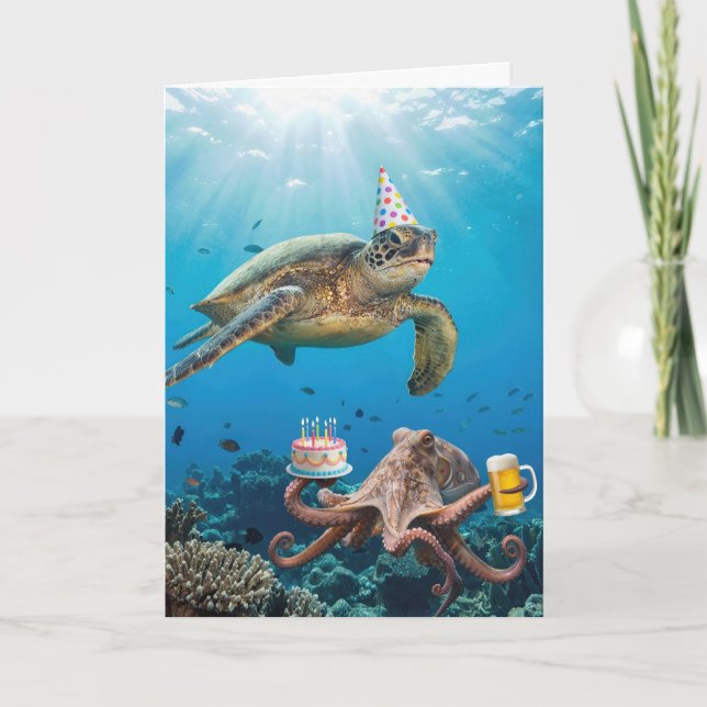 Birthday Sea Turtle and Octopus Ocean Party Kort (Framsida)