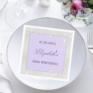 Birthday silver violet lavender glitter namn pappersservett