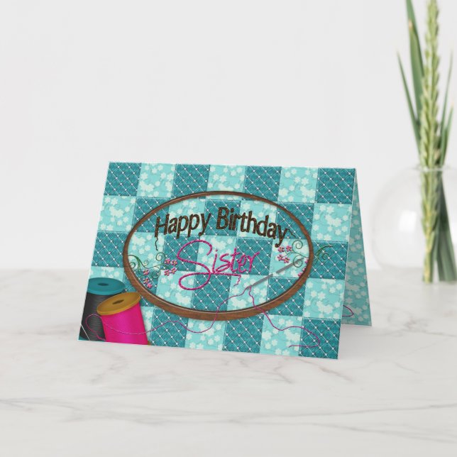 BIRTHDAY - SISTER - EMBROIDERY/SEWING KORT (Framsida)