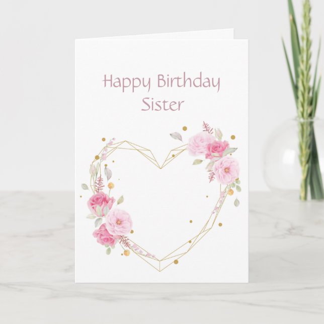 Birthday Sister Pink Flower Heart Card Kort (Framsida)