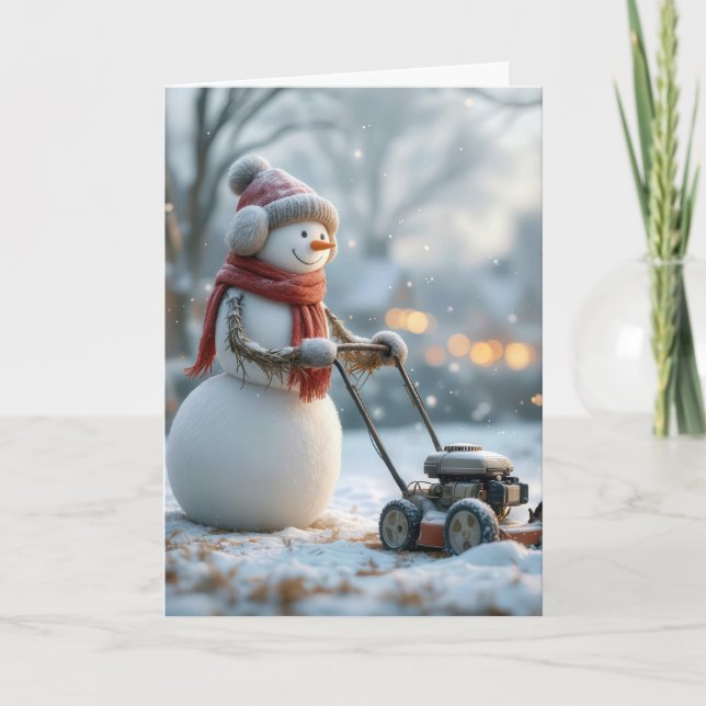 Birthday Snögubbe Pushing a Lawnmower Kort (Framsida)