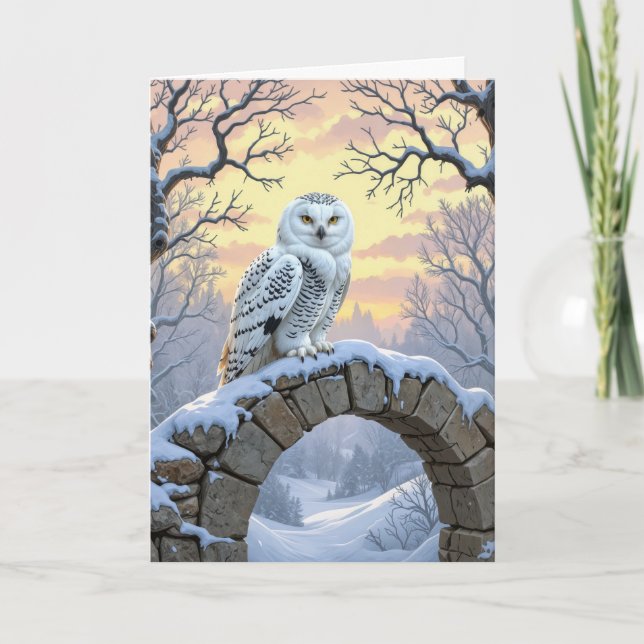 Birthday Snowy Owl On a Stone Arch Kort (Framsida)