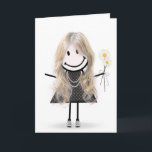 Birthday Stick figur Girl for Friend Kort<br><div class="desc">Cute stick figur flicka med hår,  senor,  polkattklänning,  pärlhalsband och daisy bouquet på vitt.</div>