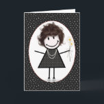 Birthday Stick figur Girl for Friend Kort<br><div class="desc">Cute stick figur tjej med hår,  senor,  polka-punktklänning,  pärlhalsband och daisy bouquet på svart och vit polka-punktbakgrund.</div>