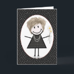 Birthday Stick figur Girl for Friend Kort<br><div class="desc">Cute stick figur tjej med hår,  senor,  polka-punktklänning,  pärlhalsband och daisy bouquet på svart och vit polka-punktbakgrund.</div>