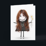 Birthday Stick figur Girl for Friend Kort<br><div class="desc">Cute stick figur flicka med hår,  senor,  polkattklänning,  pärlhalsband och daisy bouquet på vitt.</div>