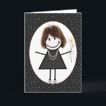 Birthday Stick figur Girl for Friend Kort<br><div class="desc">Cute stick figur tjej med hår,  senor,  polka-punktklänning,  pärlhalsband och daisy bouquet på svart och vit polka-punktbakgrund.</div>
