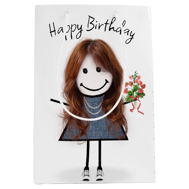 Birthday Stick figur Girl med Bouquet (Framsidan)