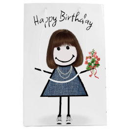 Birthday Stick figur Girl med Bouquet