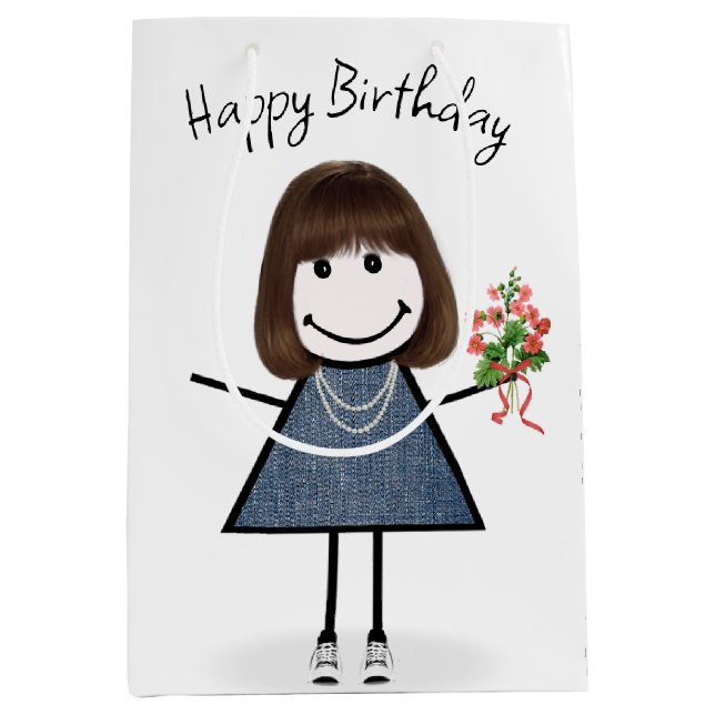 Birthday Stick figur Girl med Bouquet (Framsidan)