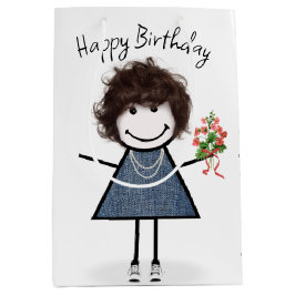 Birthday Stick figur Girl med Bouquet