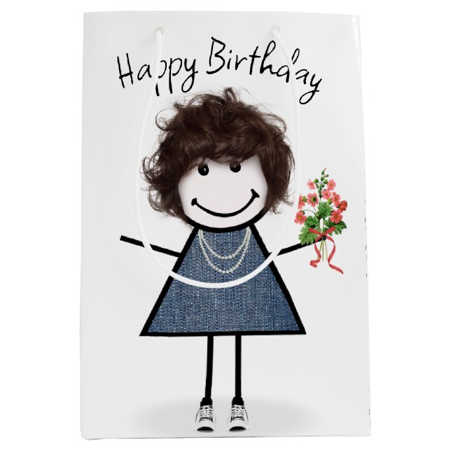 Birthday Stick figur Girl med Bouquet (Framsidan)