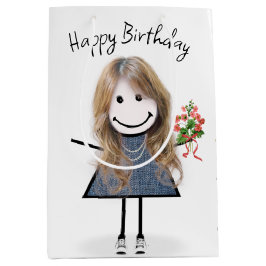 Birthday Stick figur Girl med Bouquet