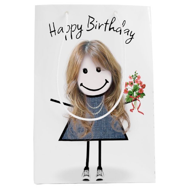 Birthday Stick figur Girl med Bouquet (Framsidan)