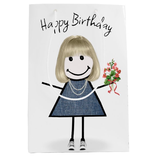 Birthday Stick figur Girl med Bouquet (Framsidan)