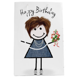 Birthday Stick figur Girl med Bouquet