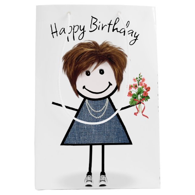 Birthday Stick figur Girl med Bouquet (Framsidan)
