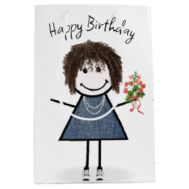 Birthday Stick figur Girl med Bouquet