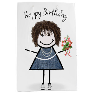 Birthday Stick figur Girl med Bouquet