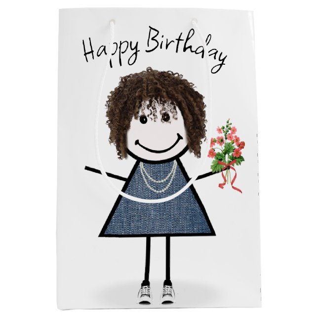 Birthday Stick figur Girl med Bouquet (Framsidan)