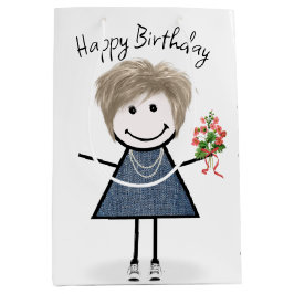 Birthday Stick figur Girl med Bouquet