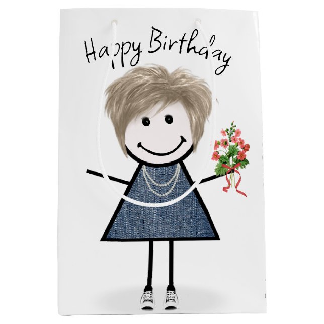 Birthday Stick figur Girl med Bouquet (Framsidan)
