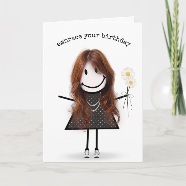 Birthday Stick figur Girl med Daisy Card Kort (Framsida)