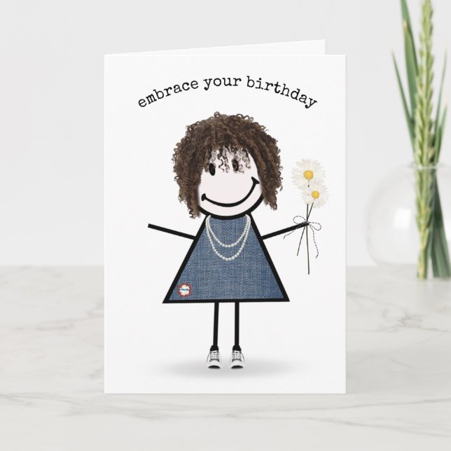 Birthday Stick figur Girl med Daisy Card Kort (Framsida)