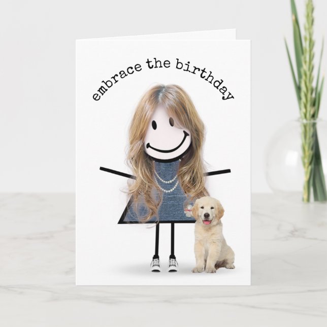 Birthday Stick figur Girl med Golden Retriever Kort (Framsida)