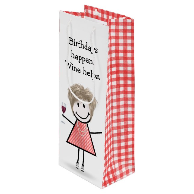 Birthday Stick figur Girl med Red Vin (Framsidan Vinklad)
