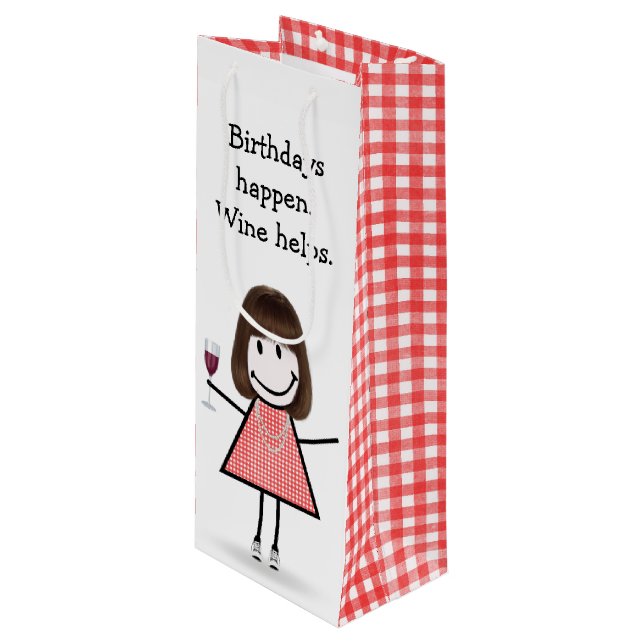 Birthday Stick figur Girl med Red Vin (Framsidan Vinklad)