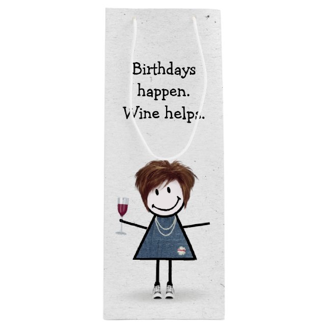 Birthday Stick figur Girl med Red Vin Glass (Framsidan)