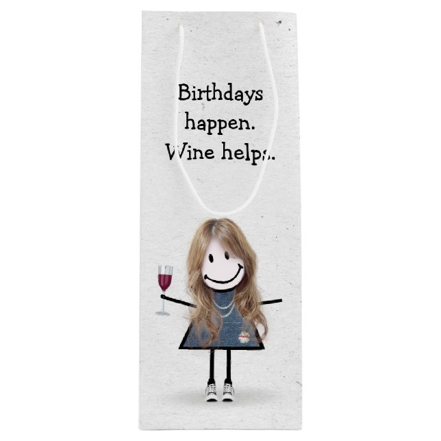 Birthday Stick figur Girl med Red Vin Glass (Framsidan)