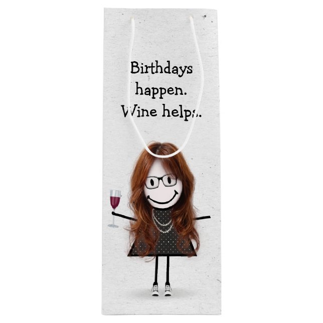 Birthday Stick figur Girl med Red Vin Glass (Framsidan)