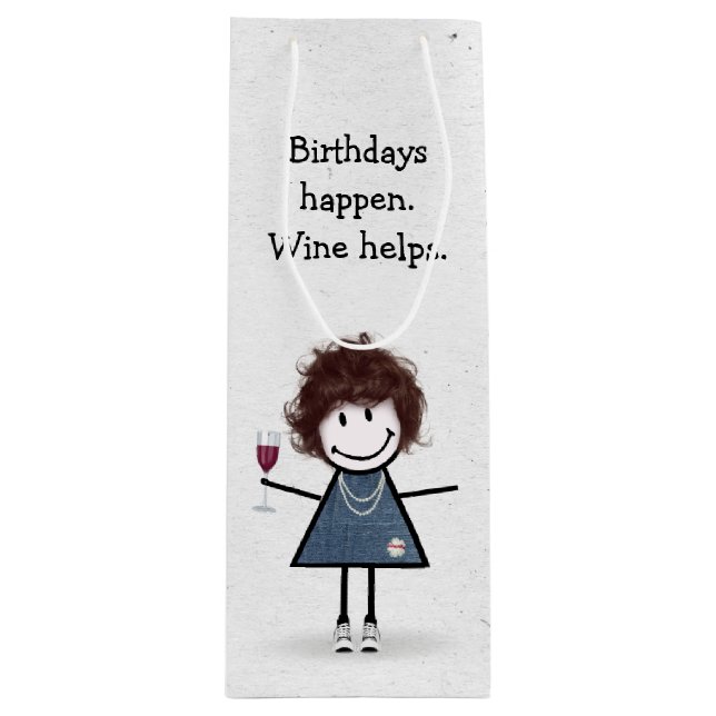 Birthday Stick figur Girl med Red Vin Glass (Framsidan)